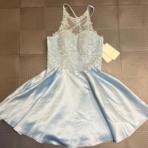 Elegant Light Blue Lace Bodice Prom Dress